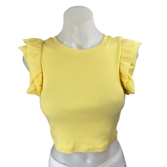 Zara Tops - Zara Women's Yellow Rib Knit Short Ruffle Flutter Sleeve Crop Top Blouse Size S